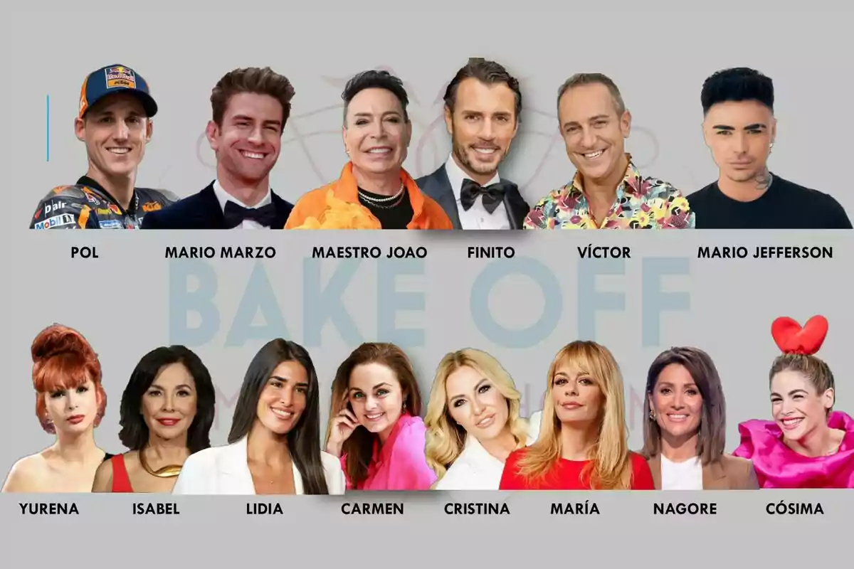 Yurena, Isabel Gemio, Lidia Torrent, Carmen Morales, Cristina Tárrega, María Adanez, Nagore Robles, Cósima Ramírez, Pol Espargaró, Mario Marzo, Maestro Joao, Finito de Córdoba, Víctor Sandoval y Mario Jefferson posando para una imagen promocional de "Bake Off" con nombres etiquetados debajo de cada uno.