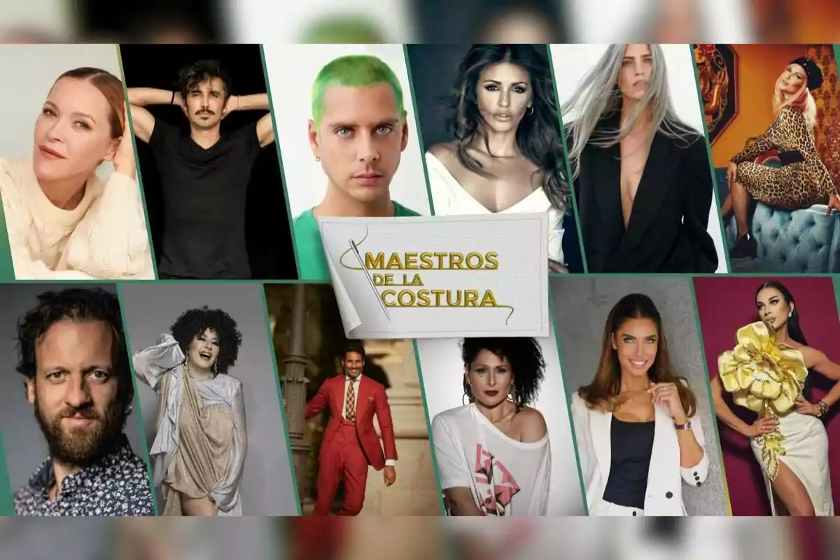 Un collage de personas posando junto al logo del programa "Maestros de la Costura": Rosa López, Laura Sánchez, Óscar Higares, Carmen Farala, Canco Rodríguez, Mónica Cruz, Pilar Rubio, Edu Soto, La Terremoto de Alcorón, Eduardo Casanova, Silvia Superstar y María Esteve