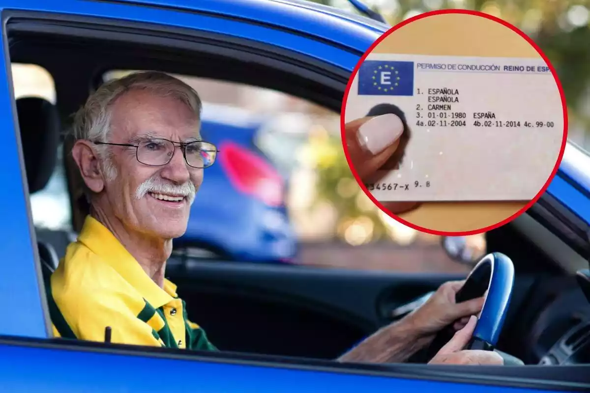 Imagen de fondo de una persona mayor al volante de un coche azul, y otra imagen de una mano sosteniendo un carné de conducir