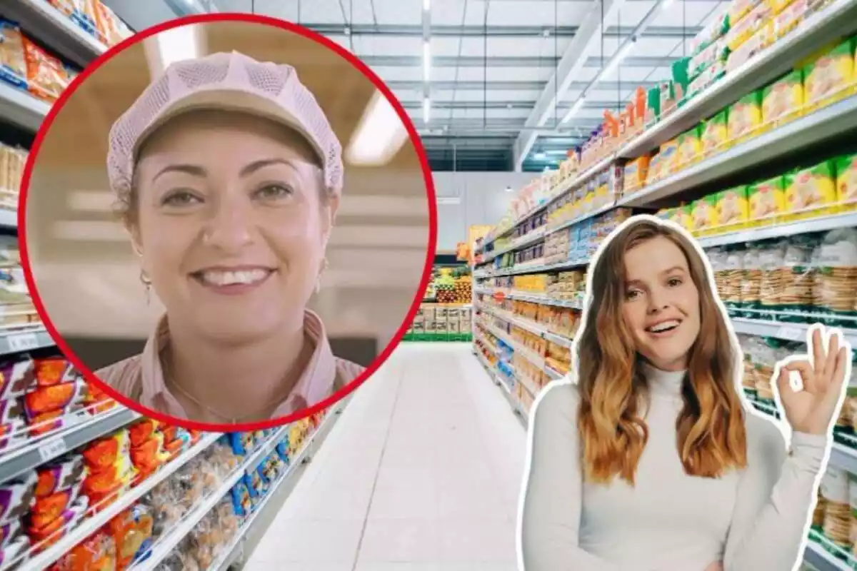 Imagen de fondo de un supermercado junto a una imagen de una trabajadora de Consum y otra de una mujer con gesto de aprobación