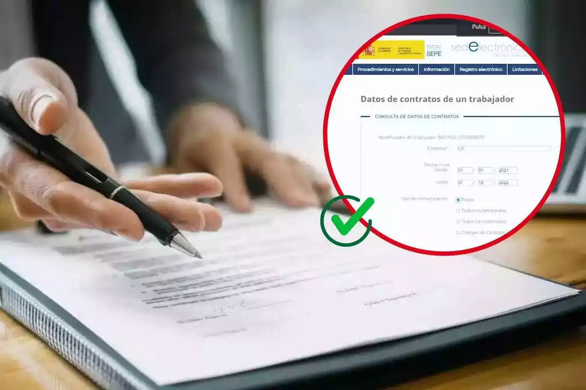 Imagen de fondo de una persona con un documento delante y un bolígrafo, junto a otra imagen de una web del SEPE para solicitar una copia de tu contrato