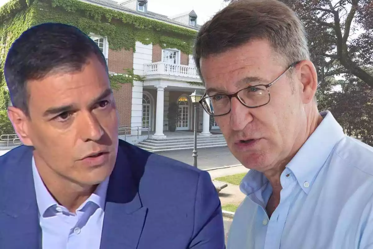 Montaje de dos planos medio cortos de Pedro Sánchez y Alberto Núñez Feijóo con una foto de la Moncloa de fondo