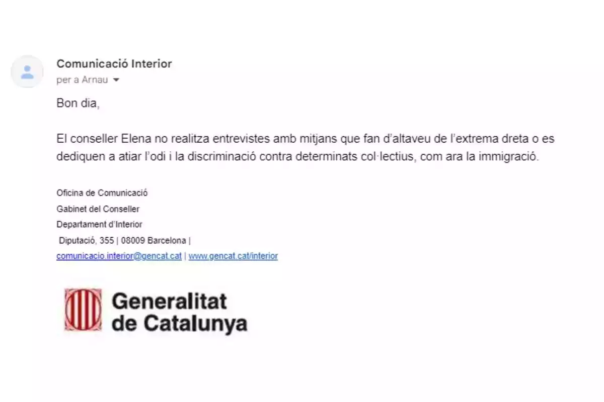 Captura de un correo electrónico recibido por E-Notícies de parte del Departament d'Interior de la Generalitat Captura de un correo electrónico recibido por E-Notícies de parte del Departament d'Interior de la Generalitat