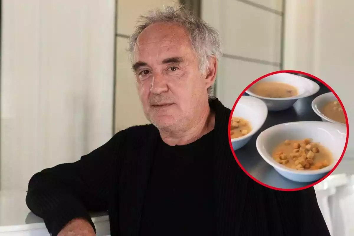 Montaje con cara seria de Ferran Adrià y en un círculo varios cuencos con sus croquetas líquidas