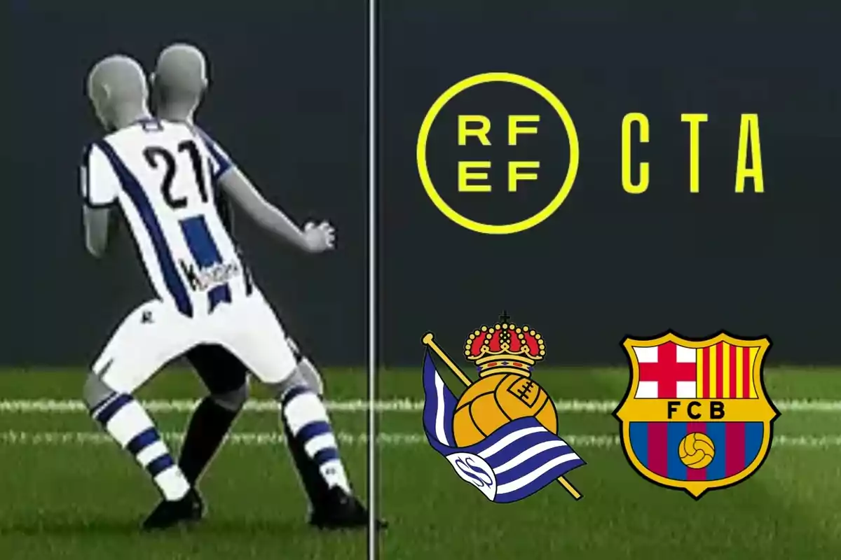 Dos figuras de jugadores de fútbol en un campo con los logotipos de la RFEF y CTA en la parte superior y los escudos de la Real Sociedad y el FC Barcelona en la parte inferior.