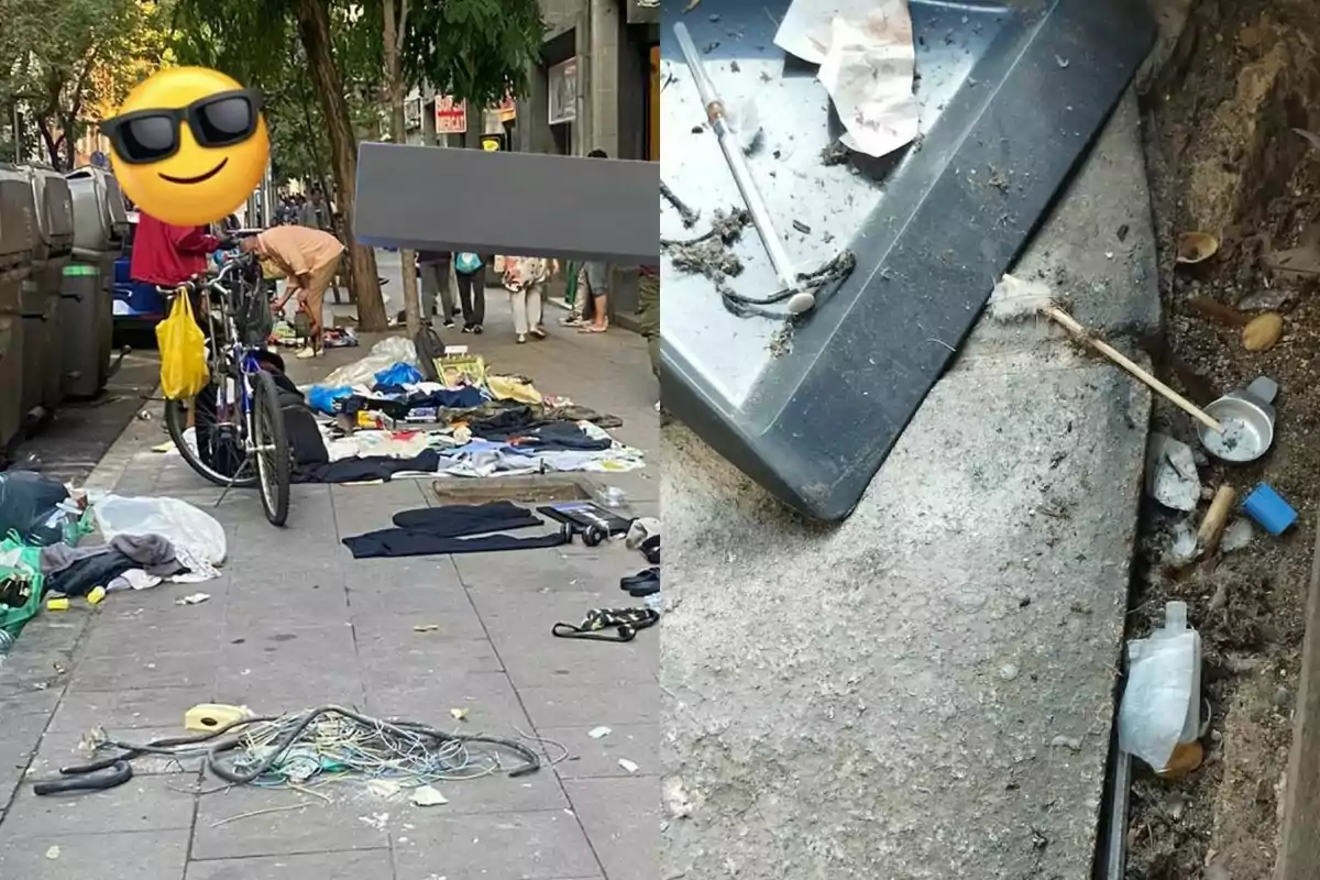 Una calle con basura y objetos tirados, incluyendo ropa y cables, junto a una imagen de una bandeja con basura y una jeringa.