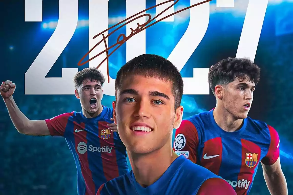 Tres jugadores de fútbol con la camiseta del FC Barcelona, con el número 2027 y una firma en el fondo. Tres jugadores de fútbol con la camiseta del FC Barcelona, con el número 2027 y una firma en el fondo.