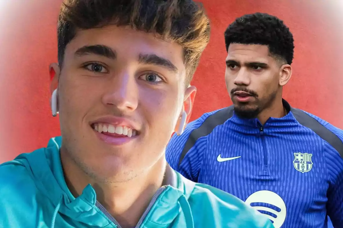 Dos personas, una con auriculares y otra con una chaqueta deportiva azul, posan frente a un fondo rojo. Dos personas, una con auriculares y otra con una chaqueta deportiva azul, posan frente a un fondo rojo.