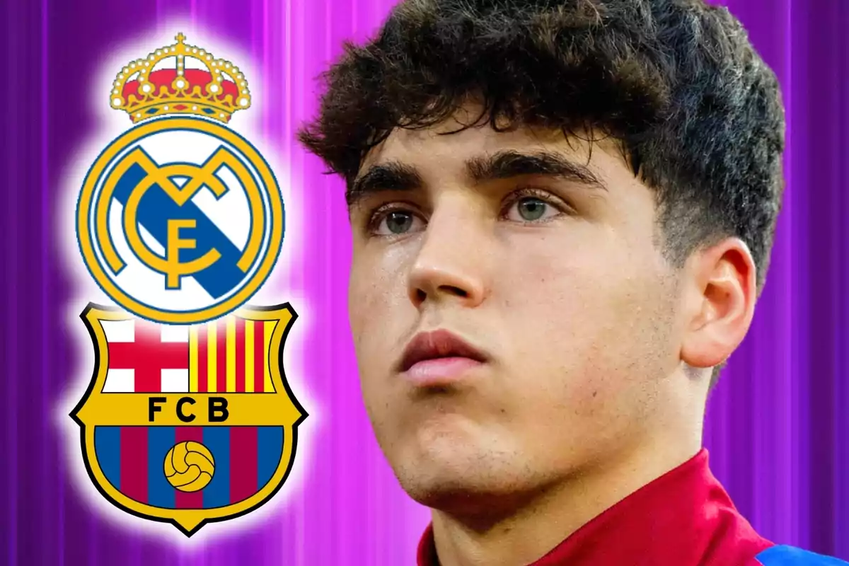 Un joven futbolista con expresión seria aparece junto a los escudos del Real Madrid y el FC Barcelona sobre un fondo morado.