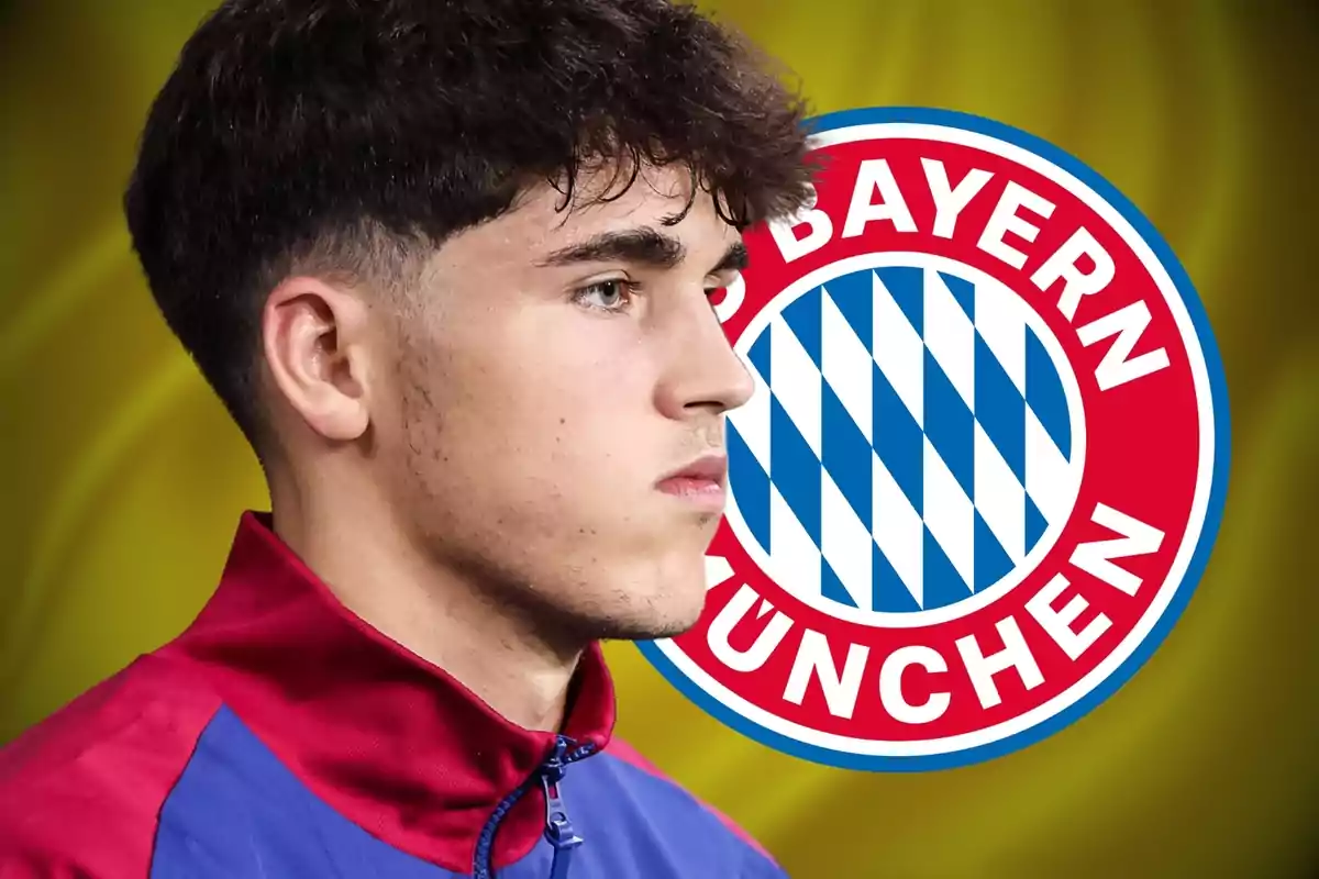 Joven con chaqueta deportiva en primer plano y el escudo del Bayern Múnich al fondo