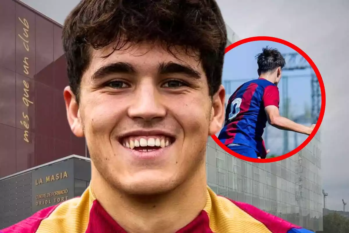 Pau Cubarsí con una gran sonrisa en primer plano con La Masía de fondo y una imagen recortada de un jugador del filial