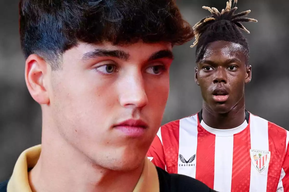 Dos jóvenes en una imagen, uno en primer plano con expresión seria y otro al fondo con camiseta de fútbol del Athletic Club de Bilbao.