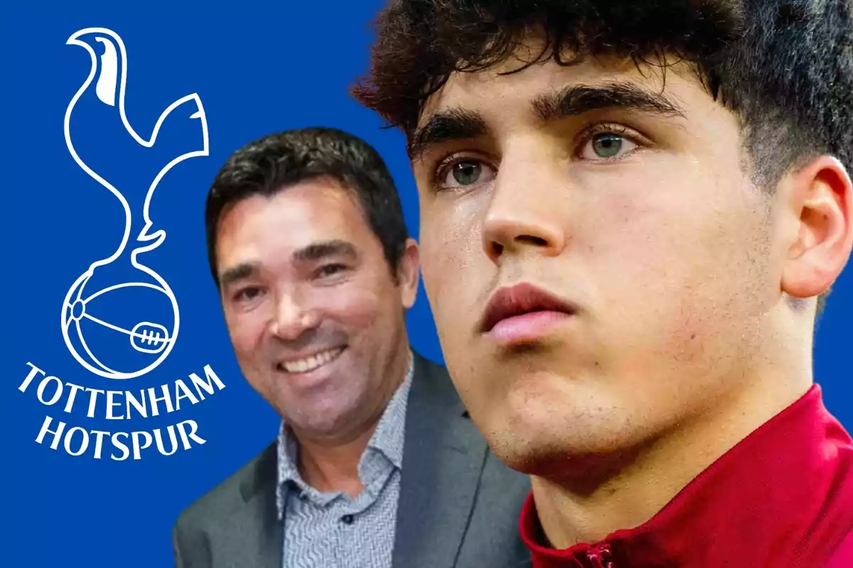 Dos personas frente al logo del Tottenham Hotspur sobre un fondo azul.