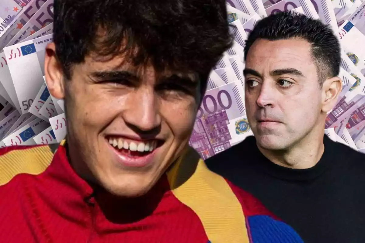 Pau Cubarsí junto a Xavi Hernández sobre un fondo lleno de billetes de 500 euros