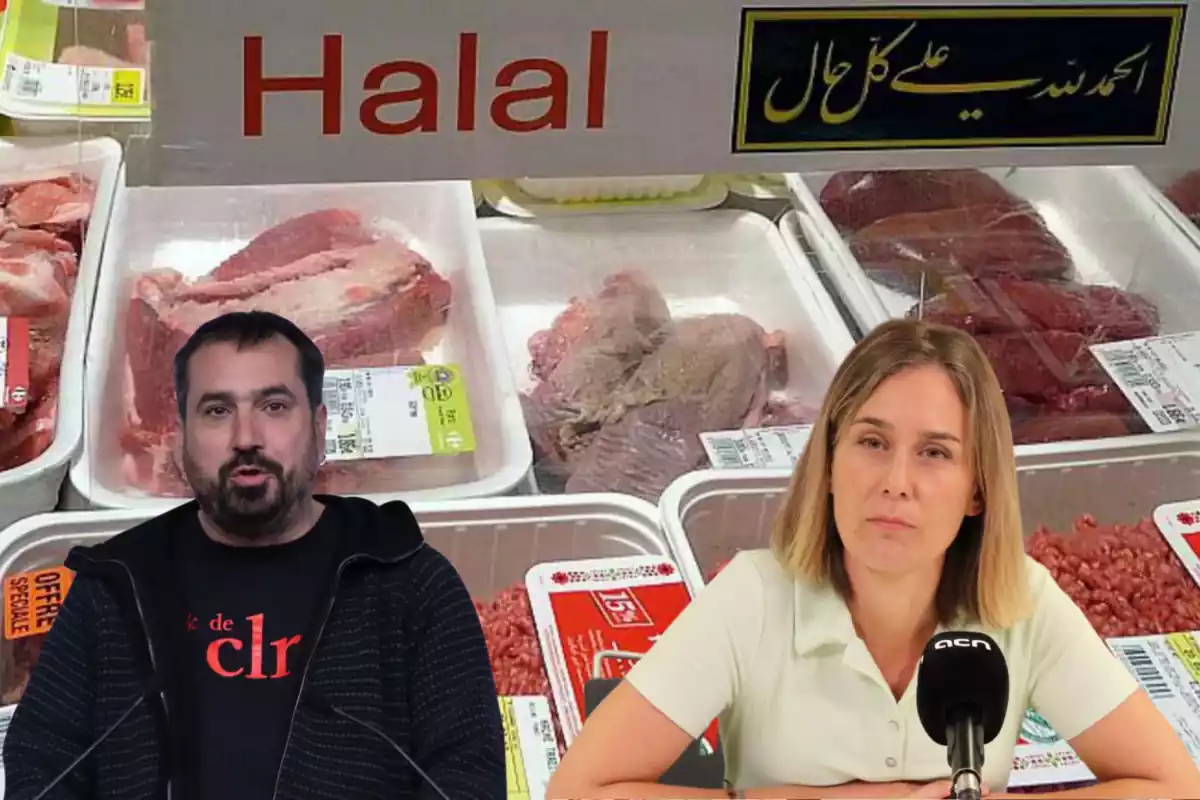 Montaje de un mostrador de carne halal con Dani Cornellà de la CUP y Jéssica Albiach de los Comuns