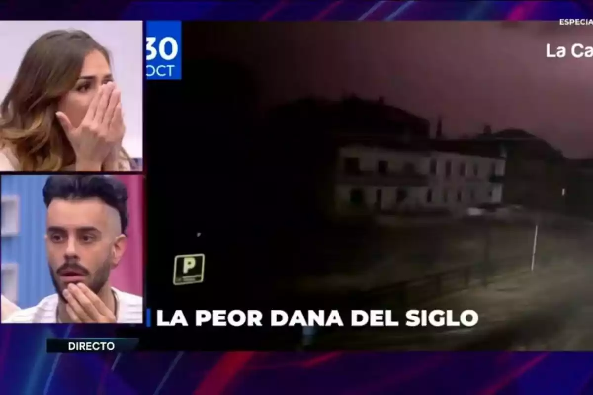 Personas sorprendidas observan imágenes de un evento climático extremo en Gran Hermano en directo.