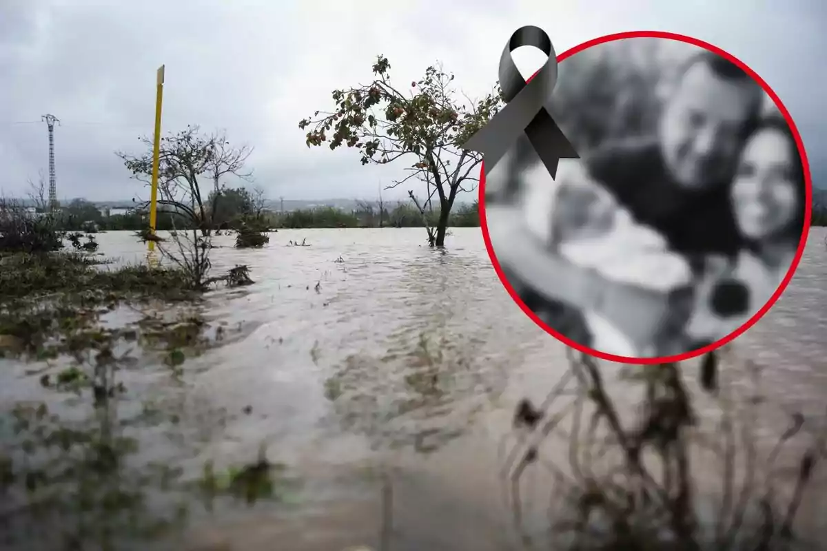 Inundación en un campo con árboles y un lazo negro en un recuadro que contiene una imagen borrosa de una familia.