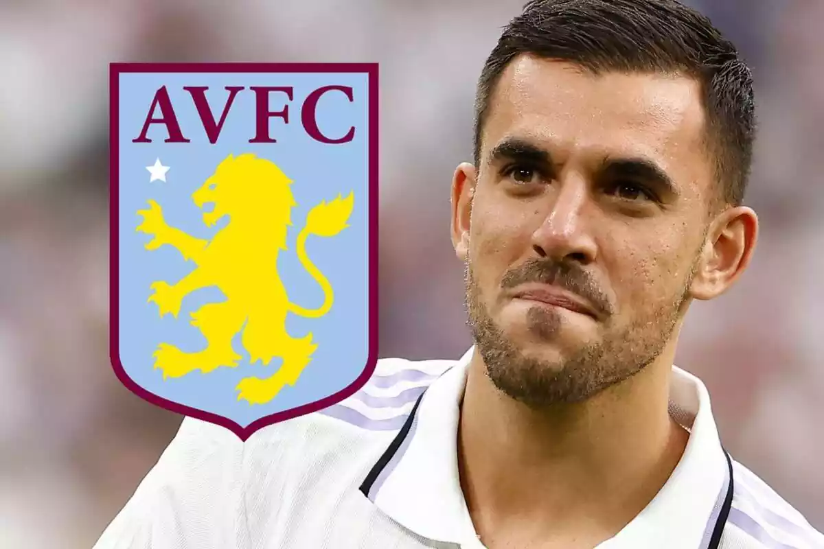 Dani Ceballos junto a un escudo del Aston Villa