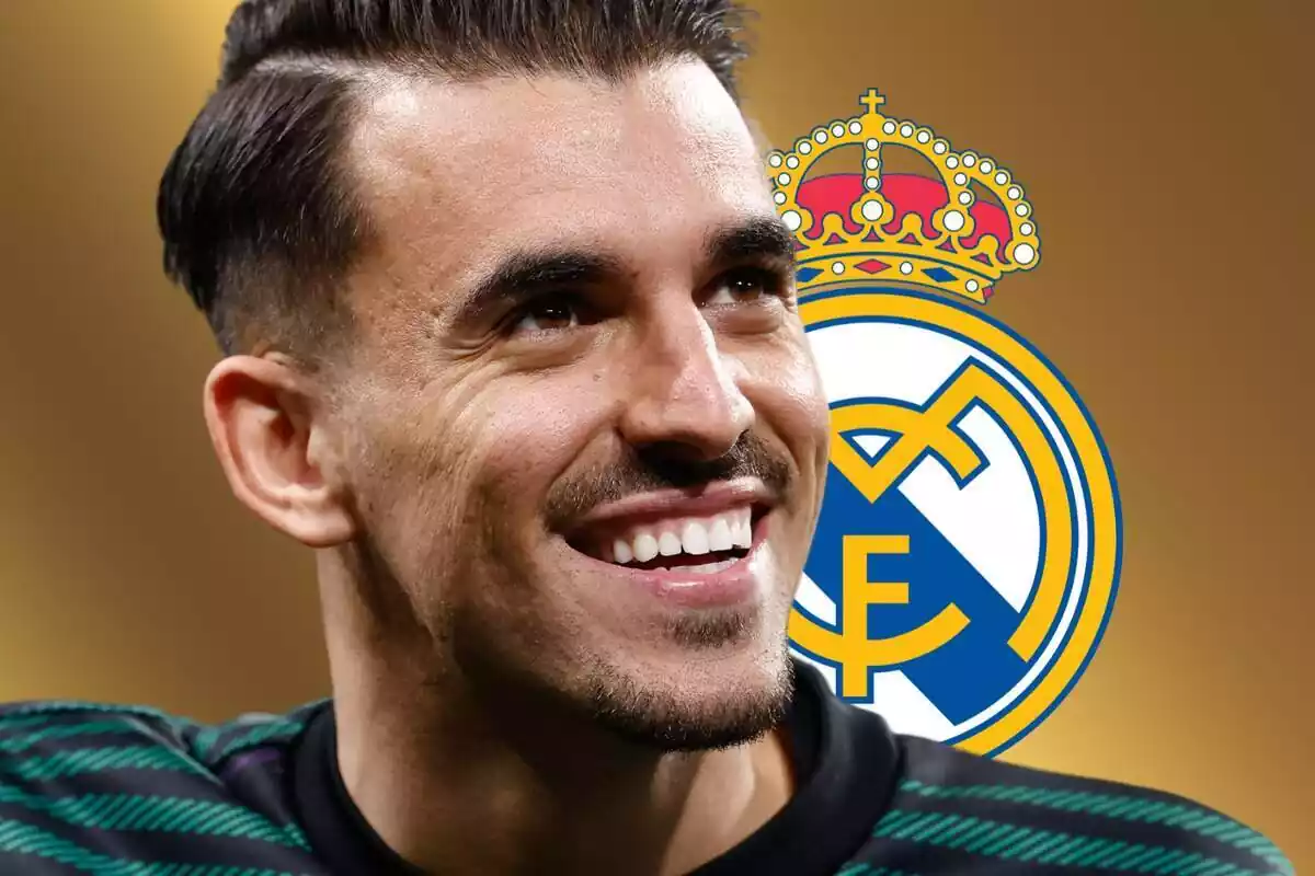 Dani Ceballos mira al tendido sobre un fondo dorado y el escudo del Real Madrid