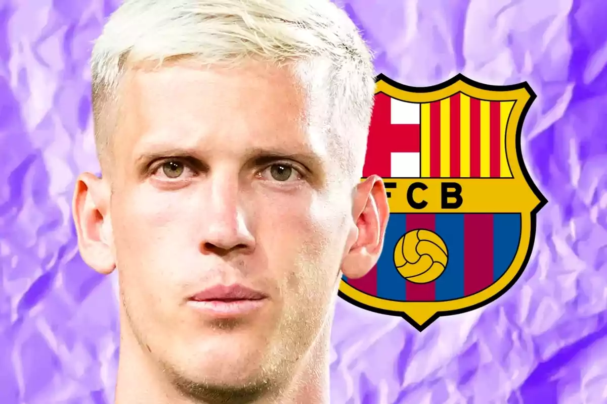 Hombre de cabello rubio frente al escudo del FC Barcelona con fondo morado.