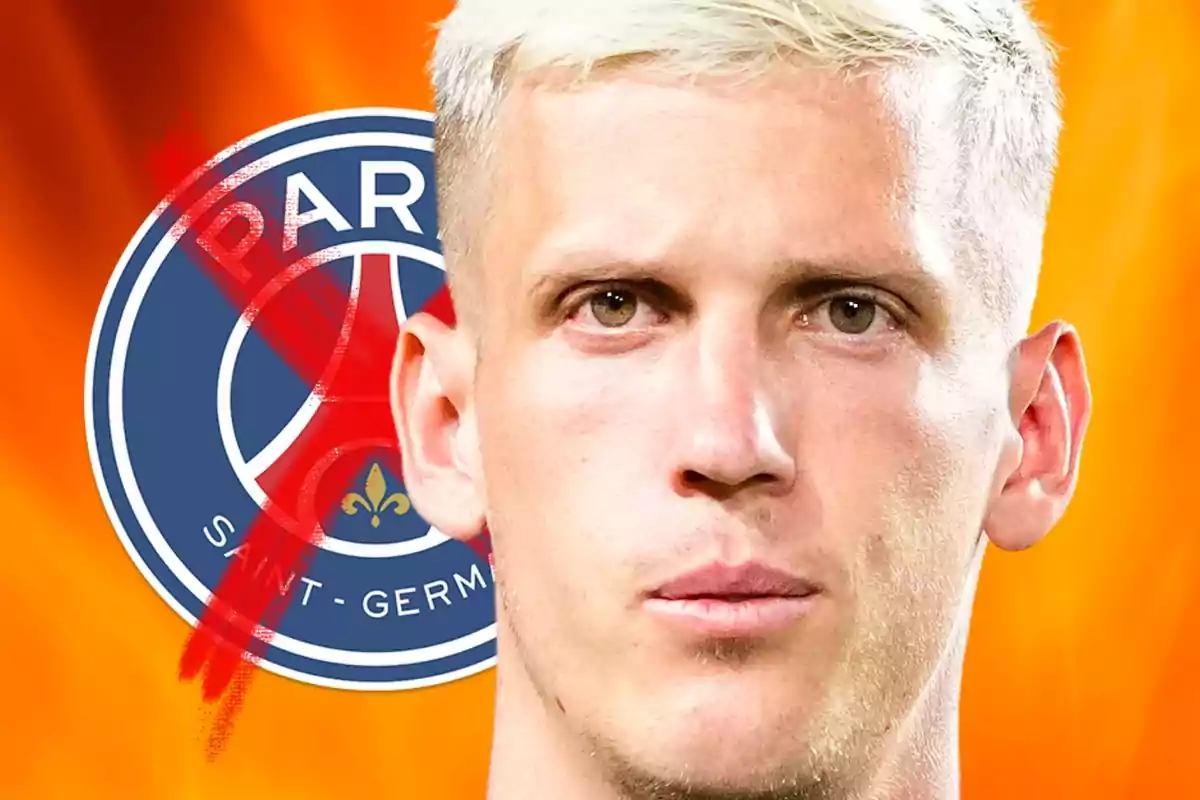 Un hombre de cabello rubio frente al logo del PSG sobre un fondo naranja.