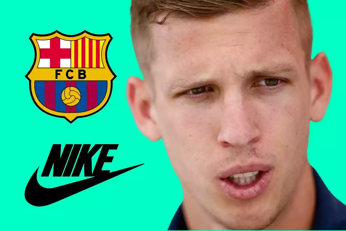 Un hombre con el logo del FC Barcelona y el logo de Nike sobre un fondo verde.