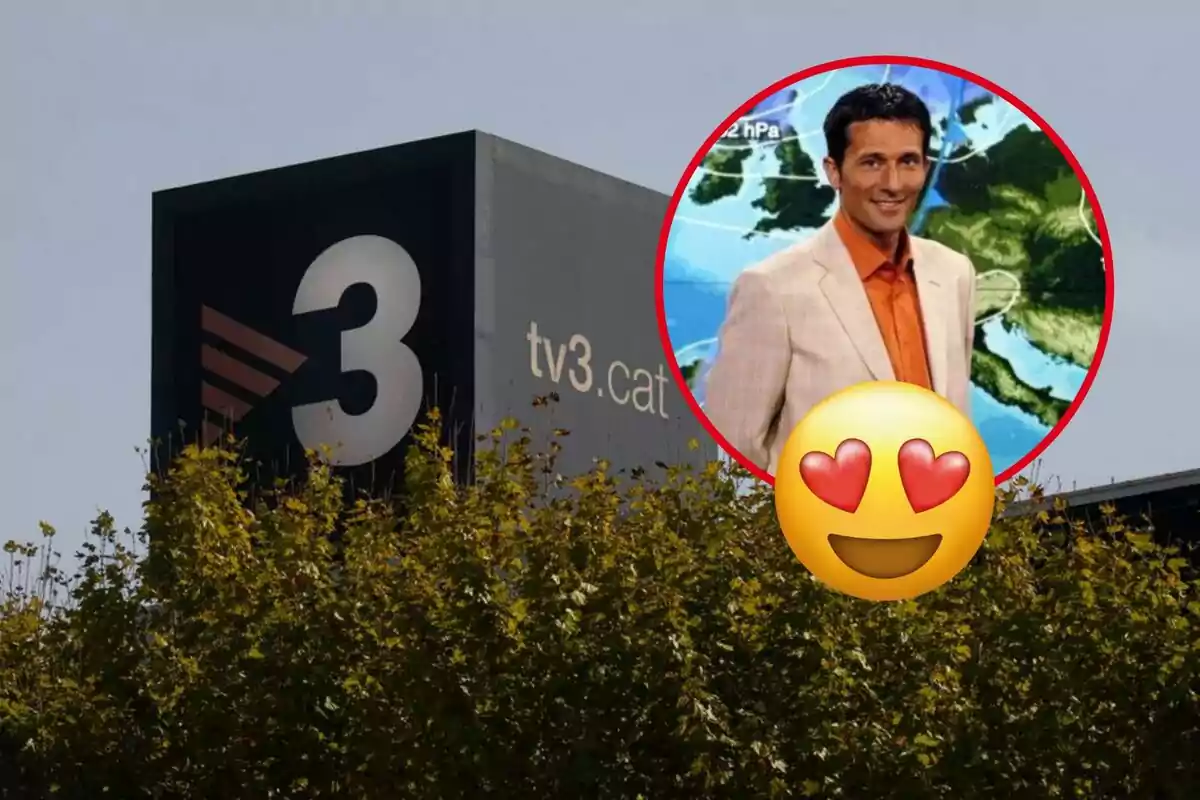 Un edificio con el logo de TV3 y un círculo rojo con la imagen de un presentador del clima sonriente, acompañado de un emoji de cara con corazones.