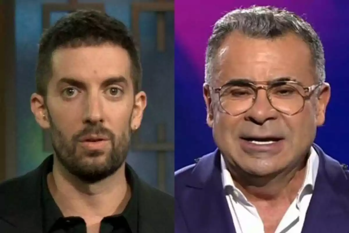 David Broncano con cara de sorpresa en La Revuelta a la izquierda con Jorge Javier Vázquez hablando en Gran Hermano a la derecha.