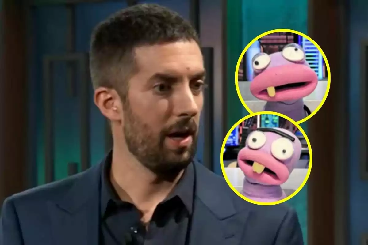 David Broncano con barba y cabello corto en La Revuelta, con dos imágenes de Trancas y Barrancas morado con ojos grandes y dientes sobresalientes de El Hormiguero en círculos amarillos.