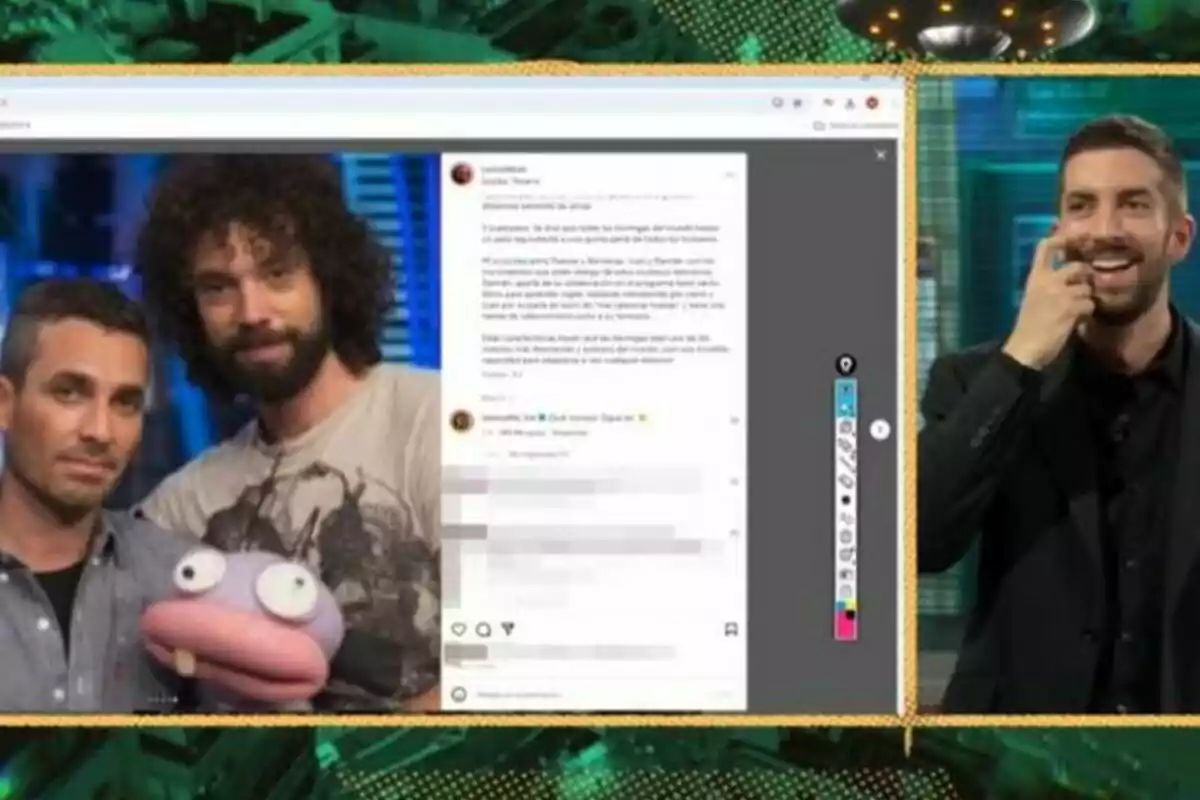 David Broncano en La Revuelta a la derecha observa como se muestra una publicación de Instagram con Juan Ibáñez y Damián Moya junto a Trancas en El Hormiguero. David Broncano en La Revuelta a la derecha observa como se muestra una publicación de Instagram con Juan Ibáñez y Damián Moya junto a Trancas en El Hormiguero.