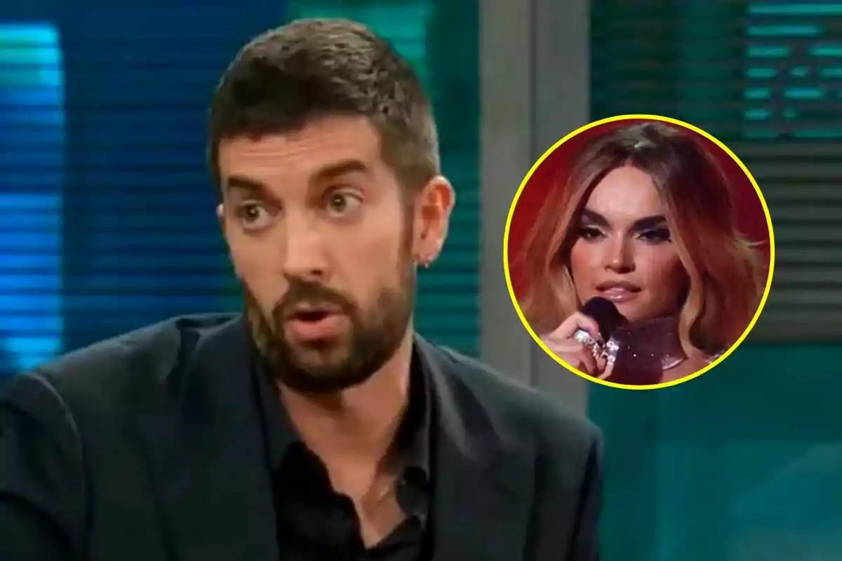 David Broncano con barba y expresión sorprendida en La Revuelta con un recuadro que muestra a Melody sosteniendo un micrófono de Eurovisión.