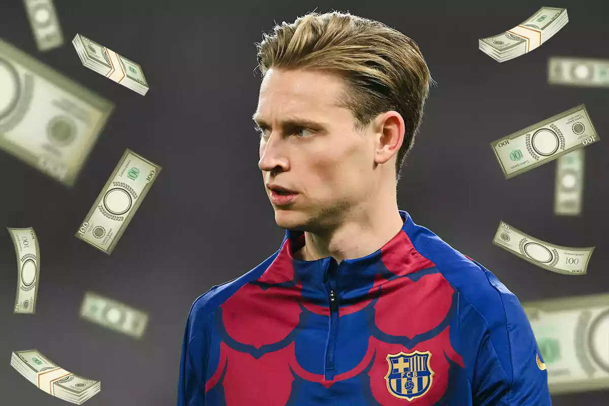 Frenkie de Jong con el uniforme del FC Barcelona aparece en la imagen, rodeado de billetes de dinero flotando en el aire. Frenkie de Jong con el uniforme del FC Barcelona aparece en la imagen, rodeado de billetes de dinero flotando en el aire.