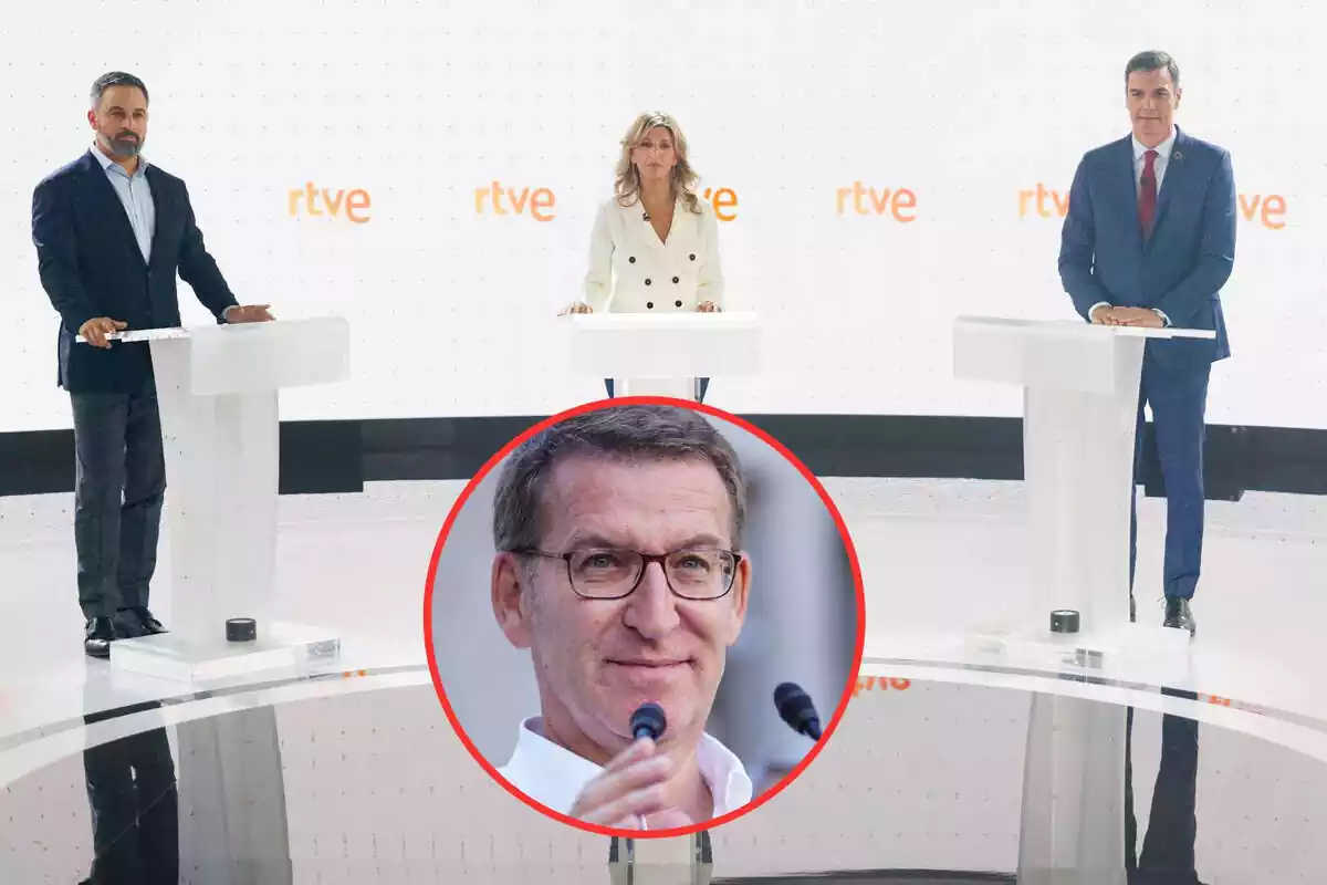 Montaje de una foto de fondo del debate entre Pedro Sánchez, Yolanda Díaz y Santiago Abascal con un primer plano de Alberto Nuñez Feijóo