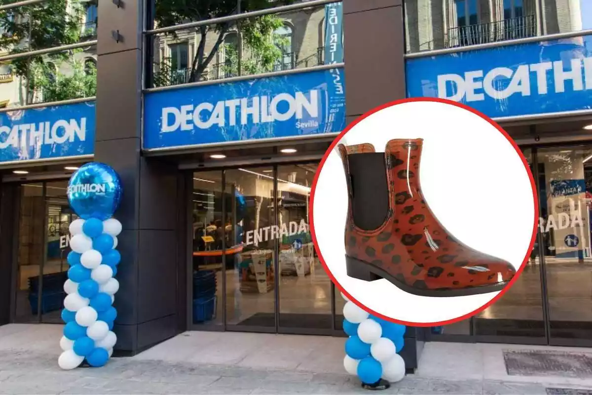 Montaje con una tienda de Decathlon con unas botas de lluvia para mujer