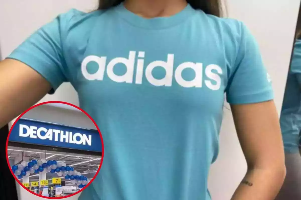 Imagen de fondo de una persona posando con una camiseta Adidas vendida en Decathlon y otra imagen de un logo de Decathlon