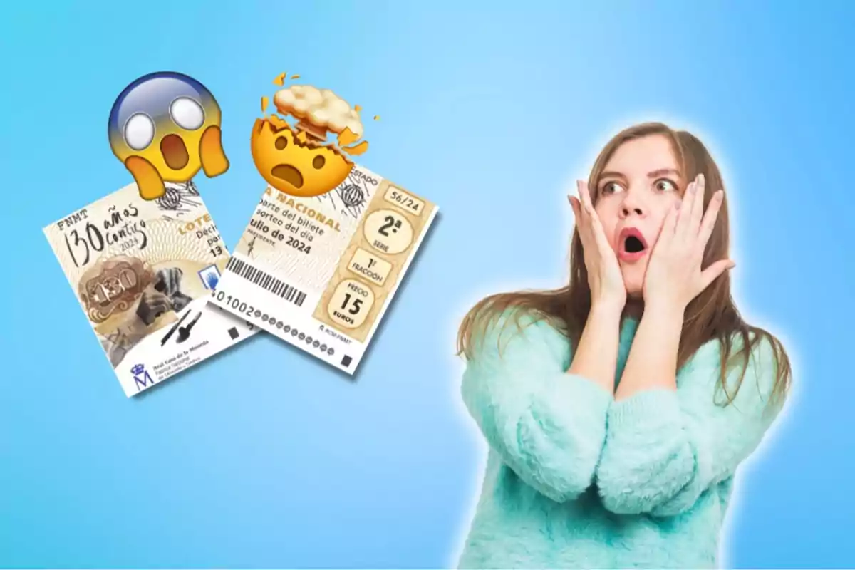 Una mujer con expresión de sorpresa y emoción, junto a dos boletos de lotería y emojis de asombro y explosión de cabeza sobre un fondo azul.