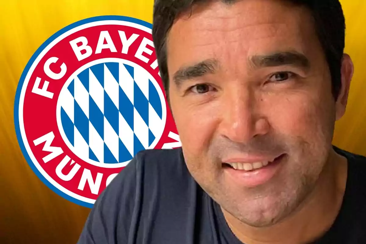 Deco en primer plano con una sonrisa al lado del escudo del Bayern Múnich