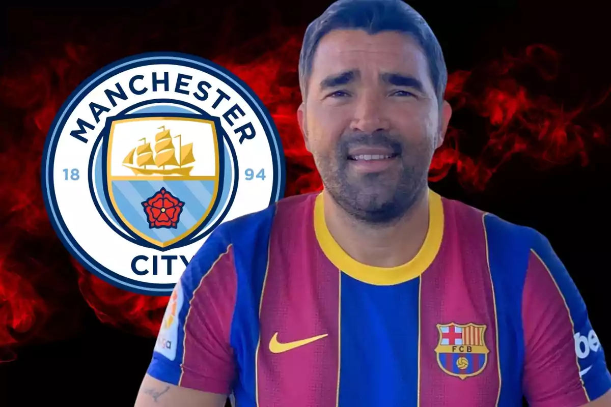 Hombre con camiseta del FC Barcelona frente al logo del Manchester City.