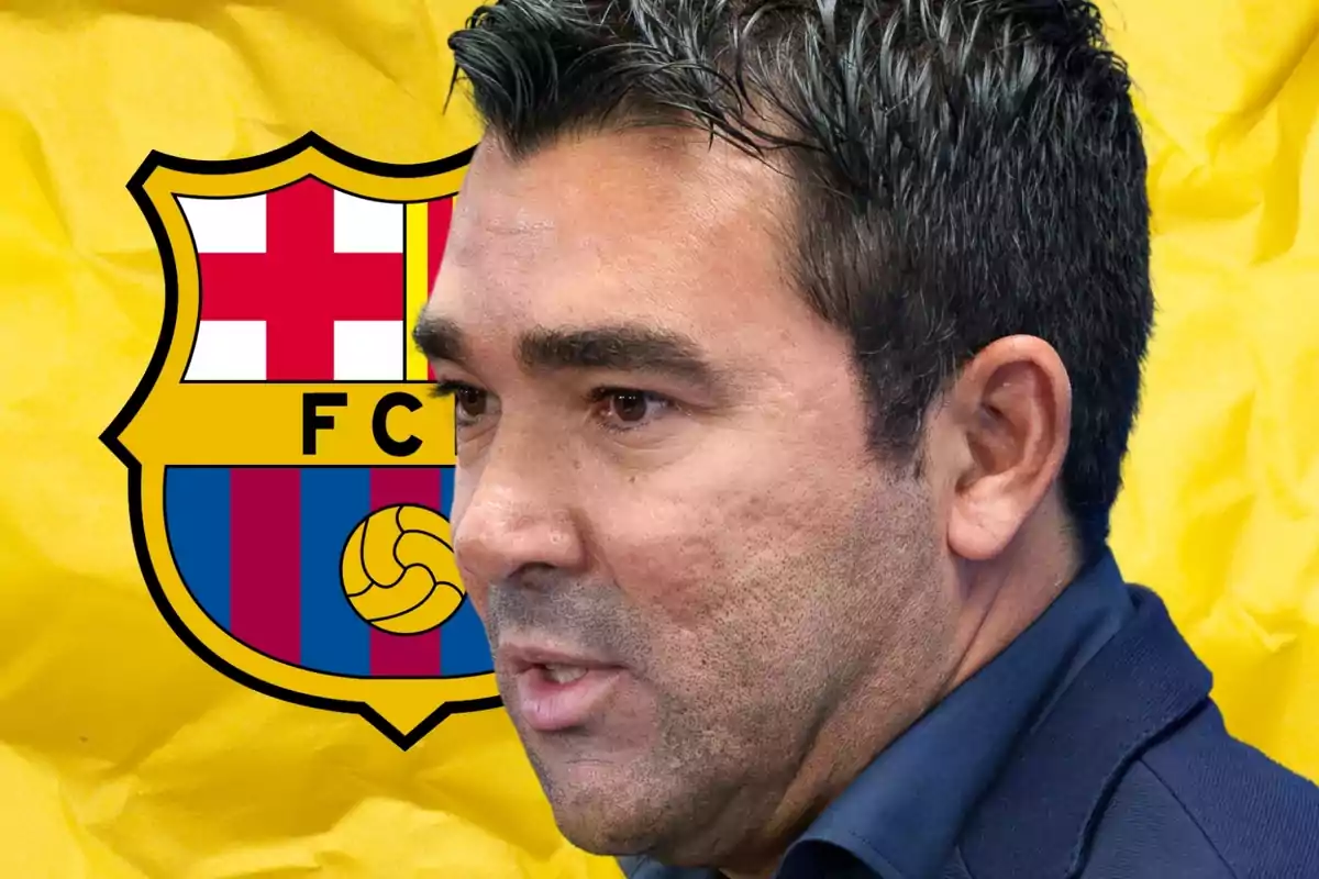 Hombre de perfil con el escudo del FC Barcelona de fondo sobre un fondo amarillo.