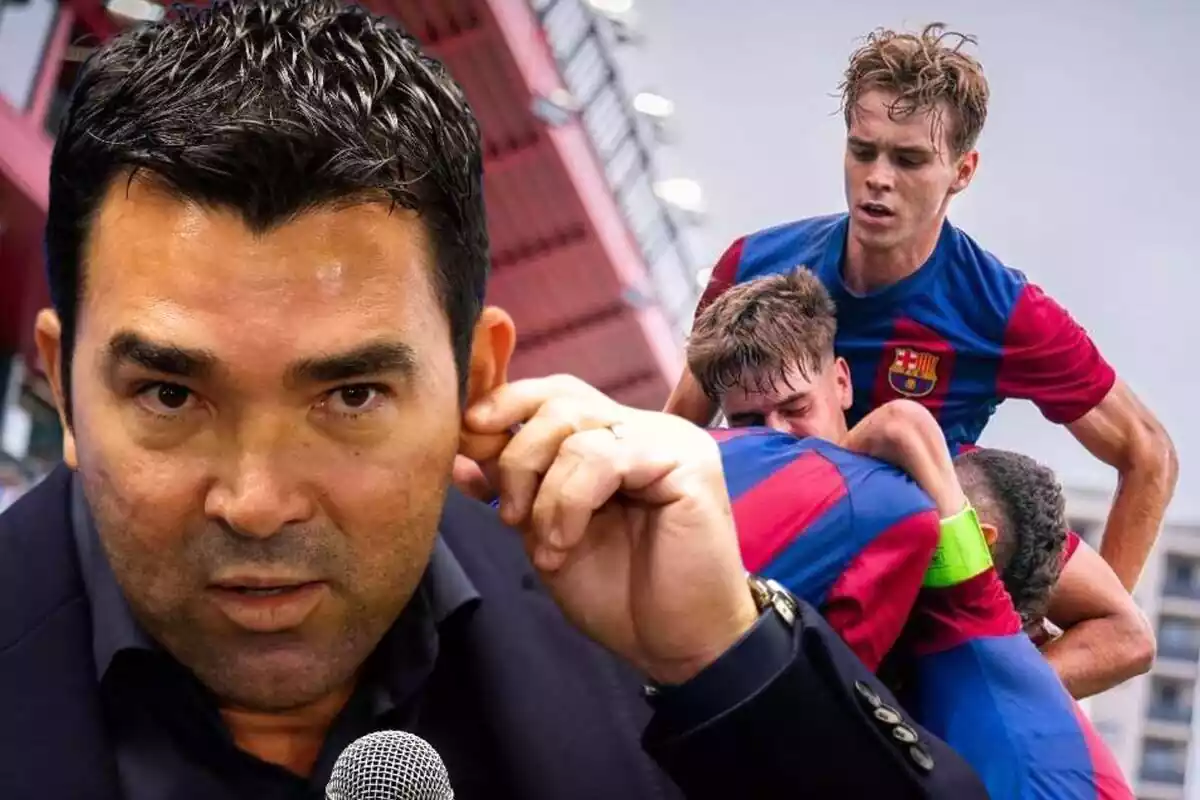 Deco, en primer plano, junto a varios futbolistas de la Masia del Barça que aparecen de fondo.