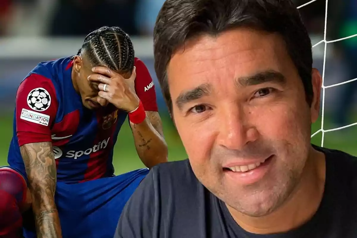 Un jugador de fútbol con la camiseta del FC Barcelona se cubre el rostro con la mano mientras otro hombre sonríe frente a la cámara.