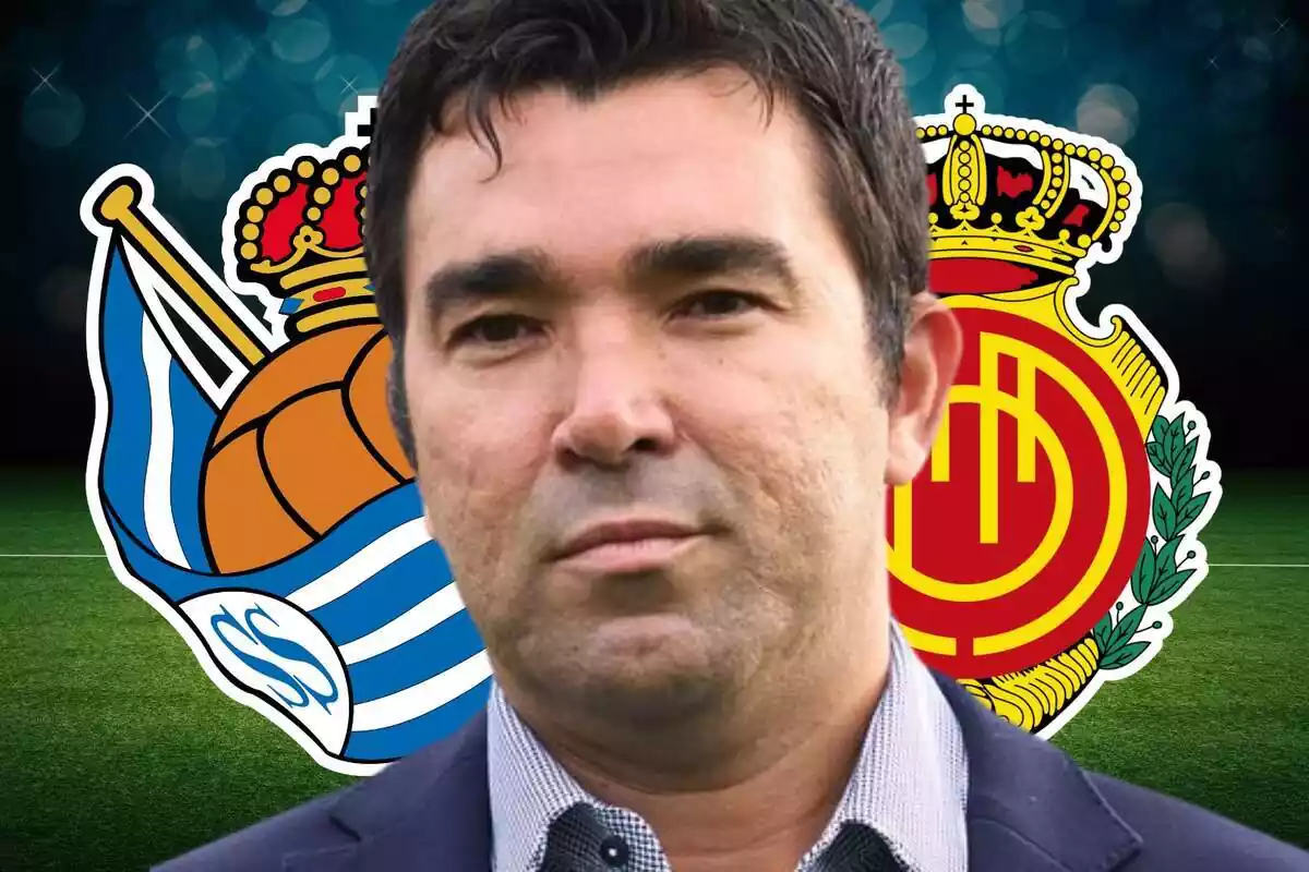 Deco en primer plano con los escudos del Real Madrid y del RCD Mallorca al fondo