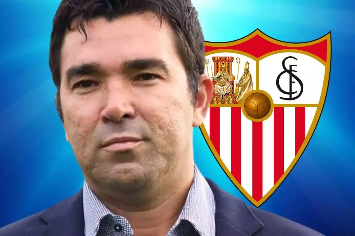 Deco en primer plano con un escudo del Sevilla FC al fondo sobre una imagen de color azul