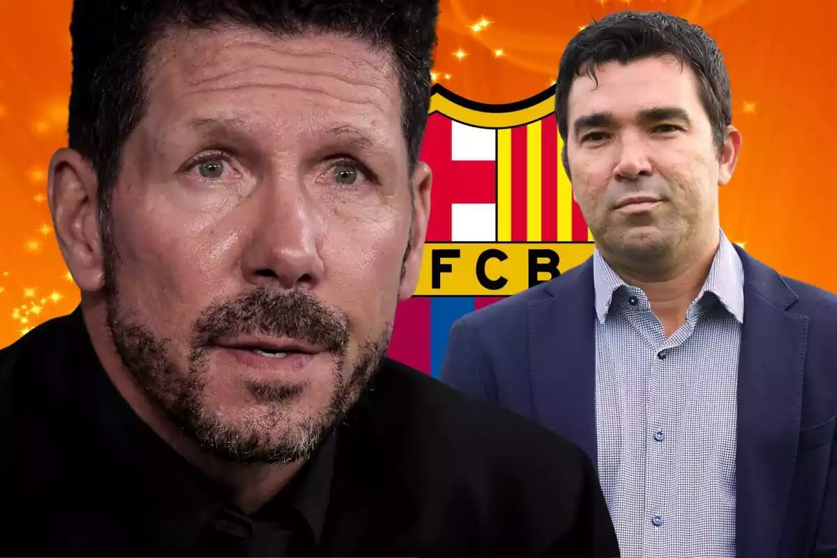 Simeone en primer plano con Deco y el escudo del FC Barcelona al fondo