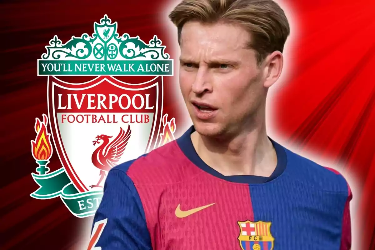 Un jugador de fútbol con la camiseta del FC Barcelona aparece frente al escudo del Liverpool FC sobre un fondo rojo.