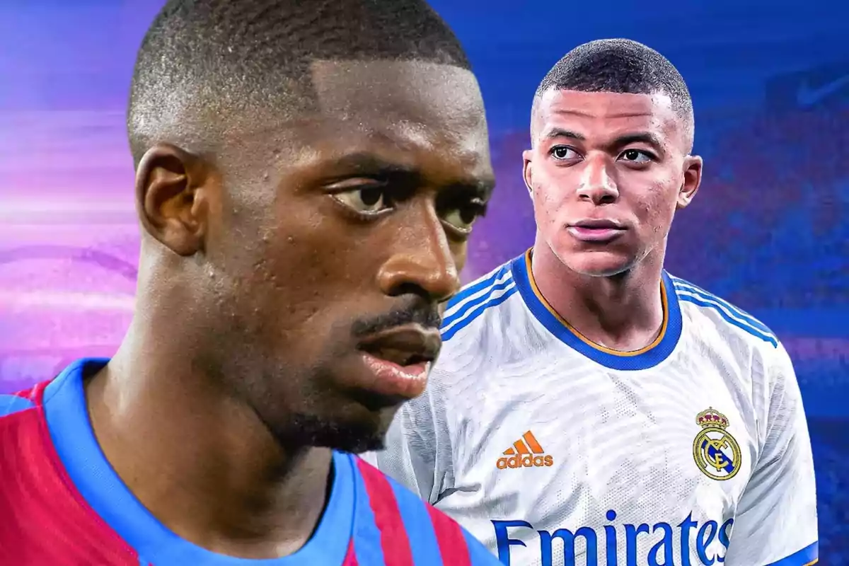 Ousmane Dembélé junto a Kylian Mbappé con la camiseta del Real Madrid