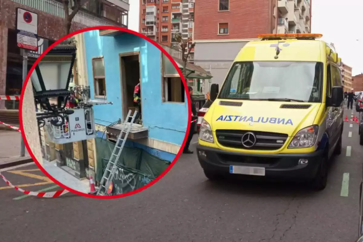 Montaje con una imagen del edificio derrumbado y una ambulancia del País Vasco