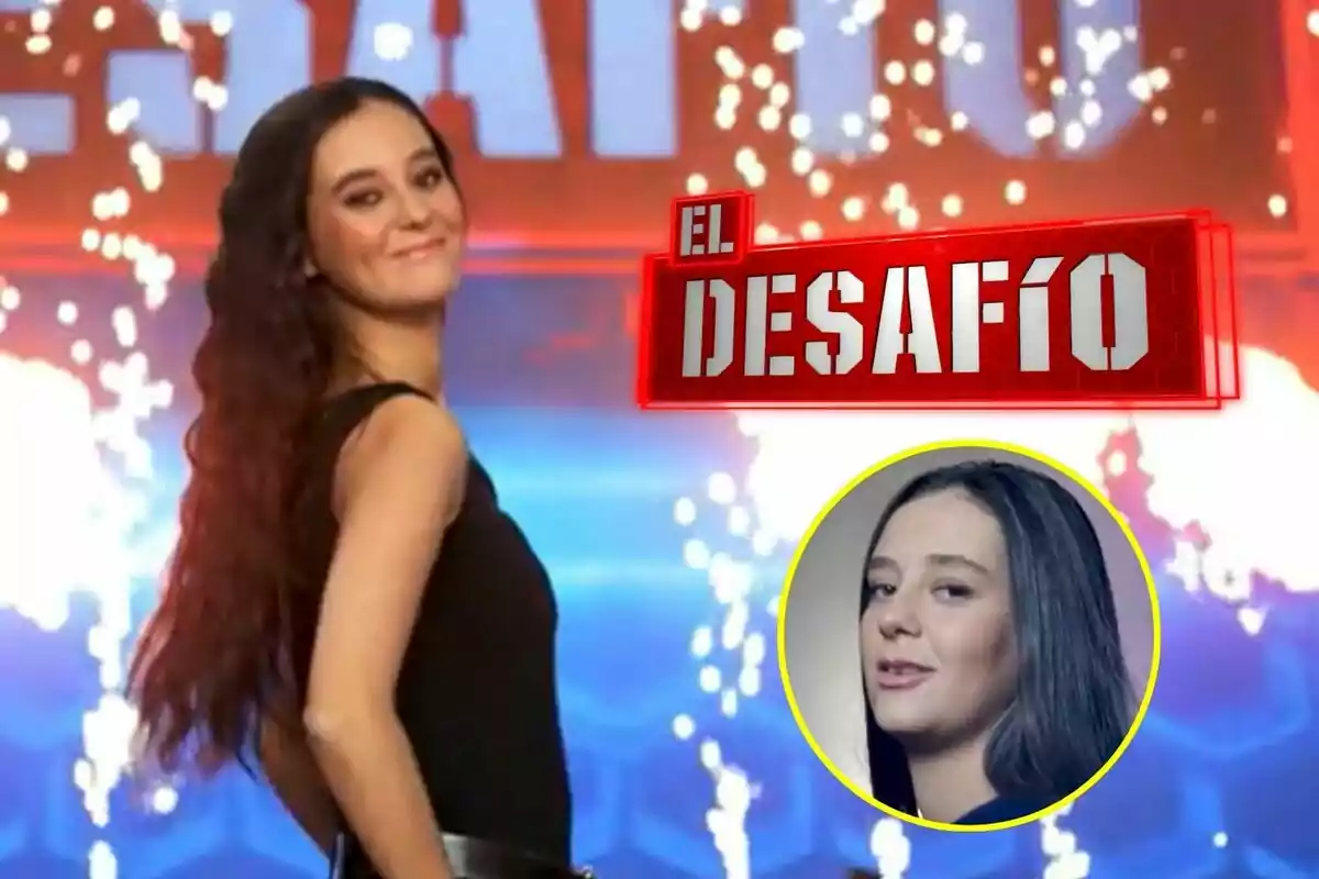 Victoria Federica sonriente con cabello largo y oscuro en un escenario con fuegos artificiales y el logo de "El Desafío".