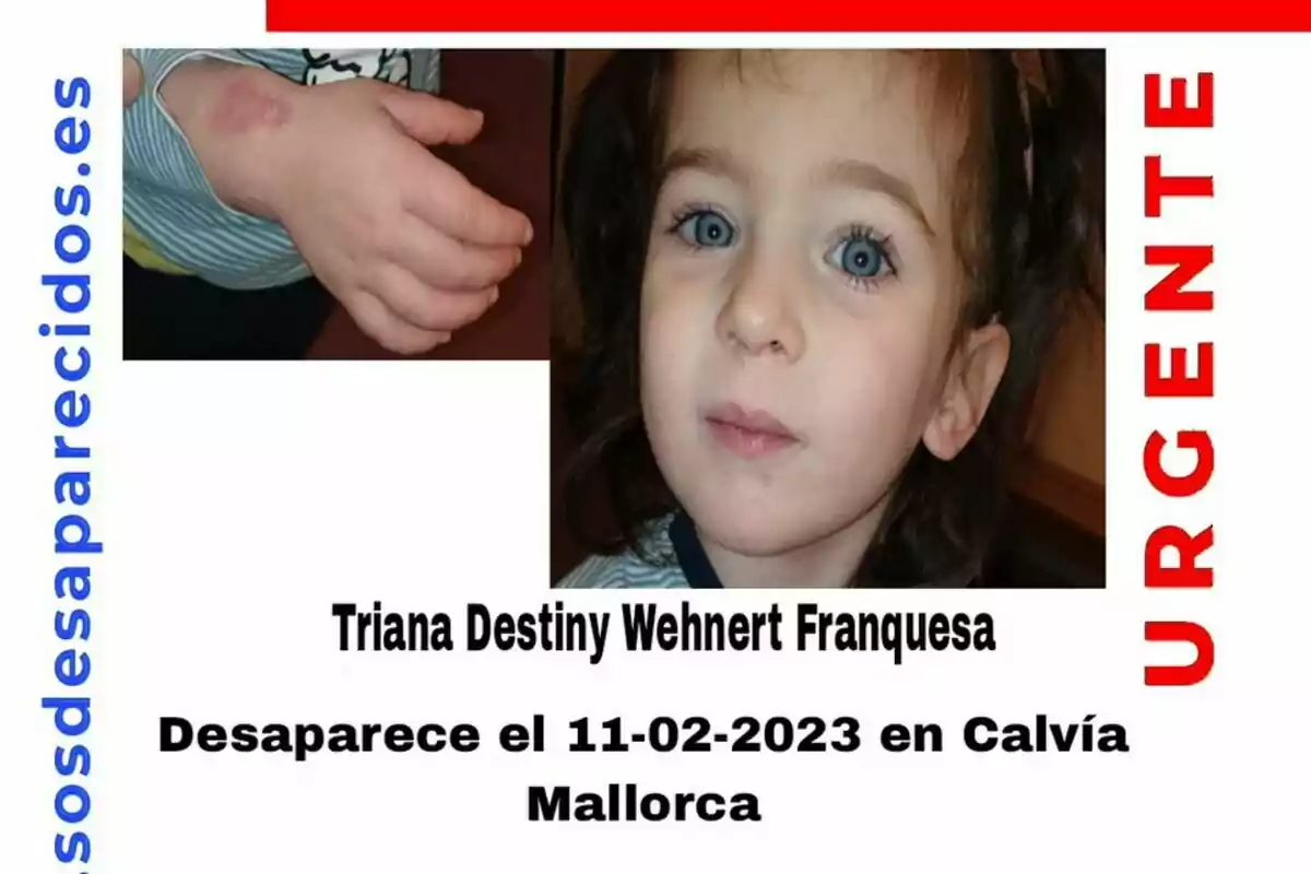 Una imagen de un cartel de búsqueda de una niña desaparecida en Calviá, Mallorca el 11-02-2023, con la palabra "URGENTE" en rojo y un sitio web en azul.