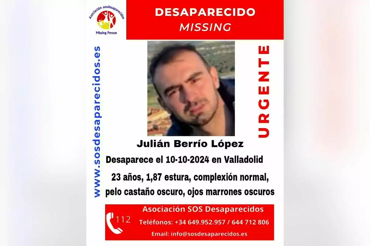 Cartel de persona desaparecida con foto de un hombre y detalles de contacto de la Asociación SOS Desaparecidos.